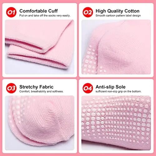 HYzgb 12 Pack Non Slip Kids Toddler Baby Socks with Grips for 1-7 Years Boys Girls Cotton Crew Socks Multi Colors - 4