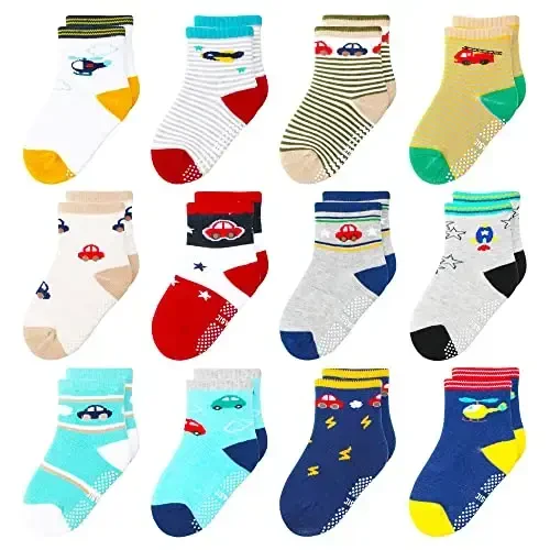 HYzgb 12 Pack Non Slip Kids Toddler Baby Socks with Grips for 1-7 Years Boys Girls Cotton Crew Socks Multi Colors - 1