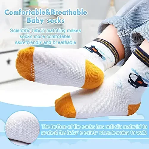 HYzgb 12 Pack Non Slip Kids Toddler Baby Socks with Grips for 1-7 Years Boys Girls Cotton Crew Socks Multi Colors - 2