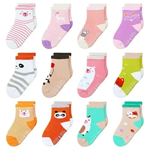 HYzgb 12 Pack Non Slip Kids Toddler Baby Socks with Grips for 1-7 Years Boys Girls Cotton Crew Socks Multi Colors 