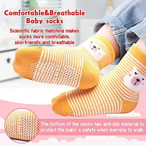 HYzgb 12 Pack Non Slip Kids Toddler Baby Socks with Grips for 1-7 Years Boys Girls Cotton Crew Socks Multi Colors - HYZGB (1)