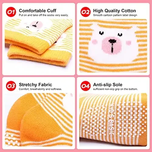 HYzgb 12 Pack Non Slip Kids Toddler Baby Socks with Grips for 1-7 Years Boys Girls Cotton Crew Socks Multi Colors - 4