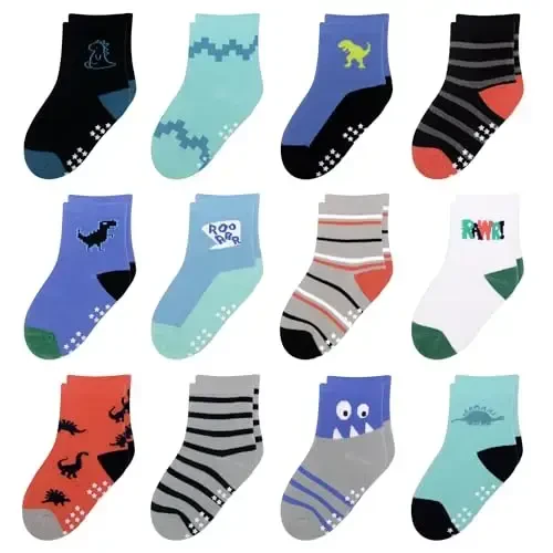 HYzgb 12 Pack Non Slip Kids Toddler Baby Socks with Grips for 1-7 Years Boys Girls Cotton Crew Socks Multi Colors - MODAZONE
