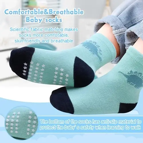 HYzgb 12 Pack Non Slip Kids Toddler Baby Socks with Grips for 1-7 Years Boys Girls Cotton Crew Socks Multi Colors - MODAZONE (1)