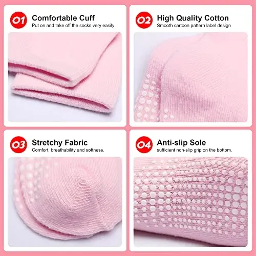 HYzgb 12 Pack Non Slip Kids Toddler Baby Socks with Grips for 1-7 Years Boys Girls Cotton Crew Socks Multi Colors - 10