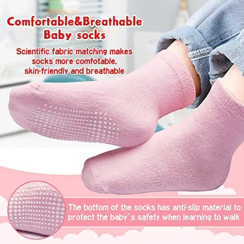 HYzgb 12 Pack Non Slip Kids Toddler Baby Socks with Grips for 1-7 Years Boys Girls Cotton Crew Socks Multi Colors - 2