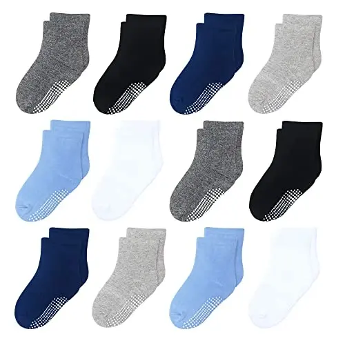 HYzgb 12 Pack Non Slip Kids Toddler Baby Socks with Grips for 1-7 Years Boys Girls Cotton Crew Socks Multi Colors - MODAZONE