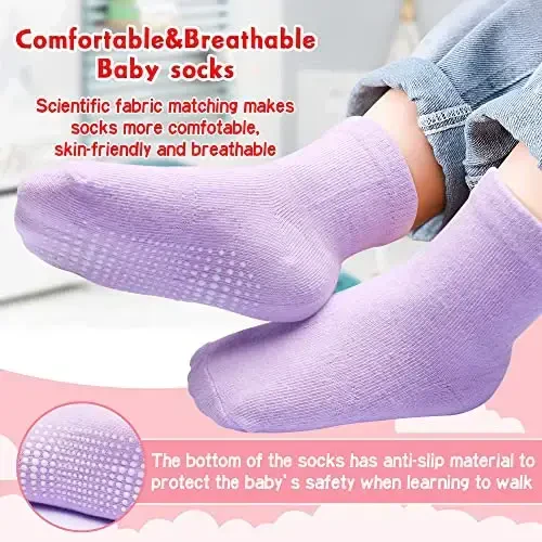 HYzgb 12 Pack Non Slip Kids Toddler Baby Socks with Grips for 1-7 Years Boys Girls Cotton Crew Socks Multi Colors - MODAZONE (1)