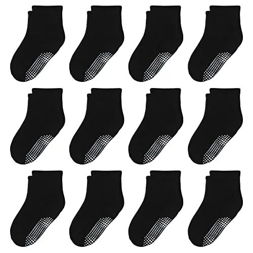 HYzgb 12 Pack Non Slip Kids Toddler Baby Socks with Grips for 1-7 Years Boys Girls Cotton Crew Socks Multi Colors - MODAZONE