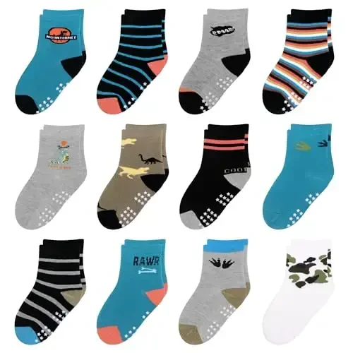 HYzgb 12 Pack Non Slip Kids Toddler Baby Socks with Grips for 1-7 Years Boys Girls Cotton Crew Socks Multi Colors - MODAZONE
