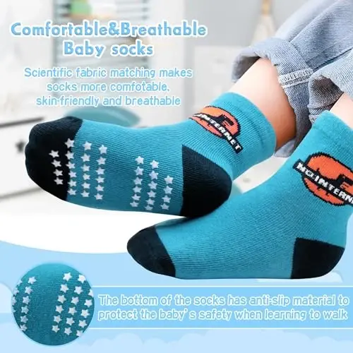 HYzgb 12 Pack Non Slip Kids Toddler Baby Socks with Grips for 1-7 Years Boys Girls Cotton Crew Socks Multi Colors - MODAZONE (1)
