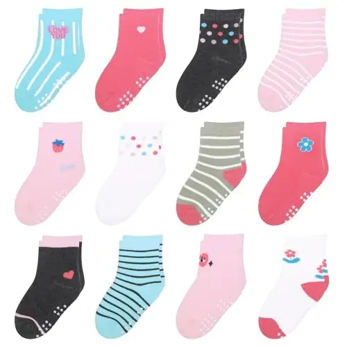 HYzgb 12 Pack Non Slip Kids Toddler Baby Socks with Grips for 1-7 Years Boys Girls Cotton Crew Socks Multi Colors - 7