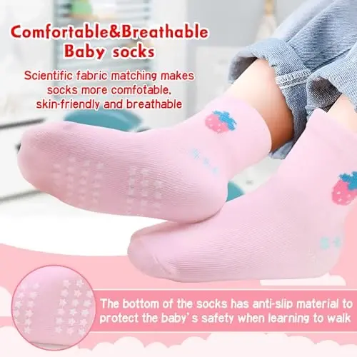 HYzgb 12 Pack Non Slip Kids Toddler Baby Socks with Grips for 1-7 Years Boys Girls Cotton Crew Socks Multi Colors - 8