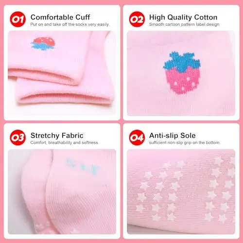 HYzgb 12 Pack Non Slip Kids Toddler Baby Socks with Grips for 1-7 Years Boys Girls Cotton Crew Socks Multi Colors - 4