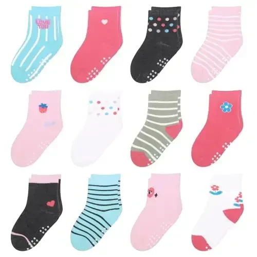 HYzgb 12 Pack Non Slip Kids Toddler Baby Socks with Grips for 1-7 Years Boys Girls Cotton Crew Socks Multi Colors - 1