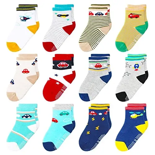 HYzgb 12 Pack Non Slip Kids Toddler Baby Socks with Grips for 1-7 Years Boys Girls Cotton Crew Socks Multi Colors 