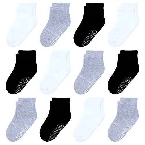 HYzgb 12 Pack Non Slip Kids Toddler Baby Socks with Grips for 1-7 Years Boys Girls Cotton Crew Socks Multi Colors 