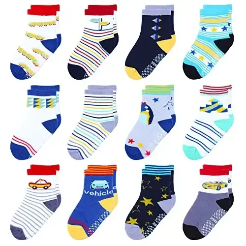 HYzgb 12 Pack Non Slip Kids Toddler Baby Socks with Grips for 1-7 Years Boys Girls Cotton Crew Socks Multi Colors 