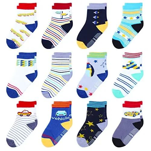 HYzgb 12 Pack Non Slip Kids Toddler Baby Socks with Grips for 1-7 Years Boys Girls Cotton Crew Socks Multi Colors 