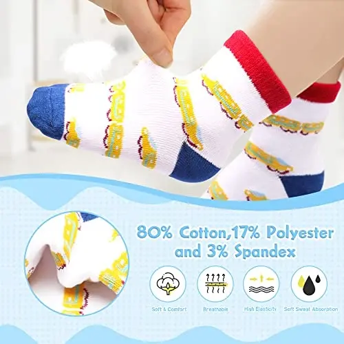 HYzgb 12 Pack Non Slip Kids Toddler Baby Socks with Grips for 1-7 Years Boys Girls Cotton Crew Socks Multi Colors - 3