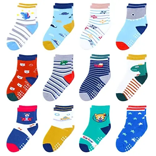 HYzgb 12 Pack Non Slip Kids Toddler Baby Socks with Grips for 1-7 Years Boys Girls Cotton Crew Socks Multi Colors 