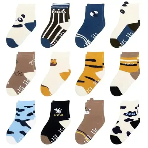 HYzgb 12 Pack Non Slip Kids Toddler Baby Socks with Grips for 1-7 Years Boys Girls Cotton Crew Socks Multi Colors 