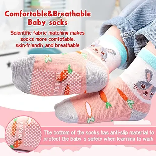 HYzgb 12 Pack Non Slip Kids Toddler Baby Socks with Grips for 1-7 Years Boys Girls Cotton Crew Socks Multi Colors - 2