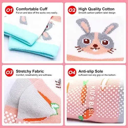 HYzgb 12 Pack Non Slip Kids Toddler Baby Socks with Grips for 1-7 Years Boys Girls Cotton Crew Socks Multi Colors - 4