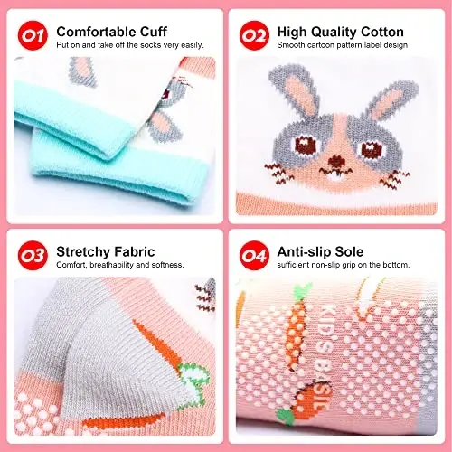 HYzgb 12 Pack Non Slip Kids Toddler Baby Socks with Grips for 1-7 Years Boys Girls Cotton Crew Socks Multi Colors - 4
