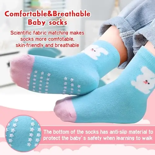 HYzgb 12 Pack Non Slip Kids Toddler Baby Socks with Grips for 1-7 Years Boys Girls Cotton Crew Socks Multi Colors - 8