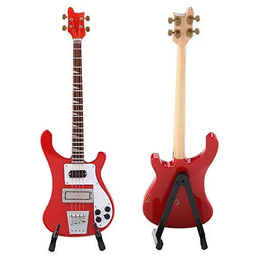 Hztyyier Wooden Miniature Guitar Red Mini Bass Replica Mini Musical Instrument Model with Stand for Home Decoration - 6