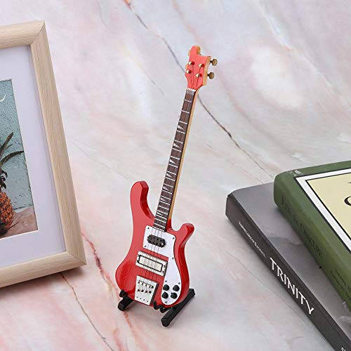 Hztyyier Wooden Miniature Guitar Red Mini Bass Replica Mini Musical Instrument Model with Stand for Home Decoration - 3
