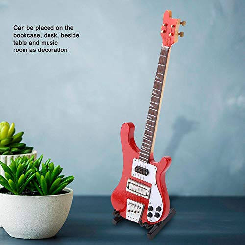 Hztyyier Wooden Miniature Guitar Red Mini Bass Replica Mini Musical Instrument Model with Stand for Home Decoration - 5