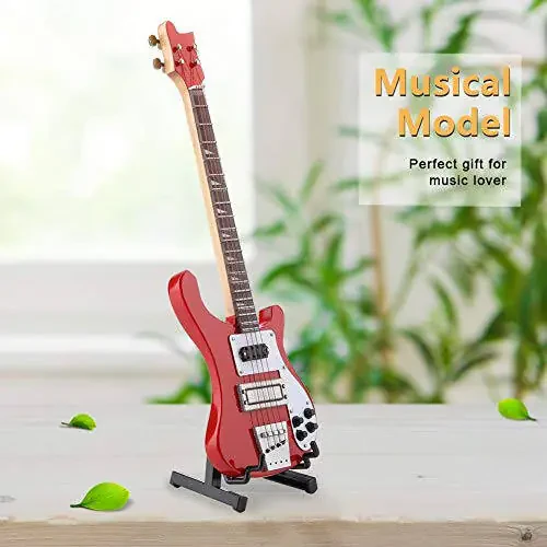 Hztyyier yog'ochdan ishlangan miniatyurali gitara Qizil rangli mini bass nusxasi Uy dekoratsiyasi uchun mini musiqa asbobining modeli stendi bilan - 4