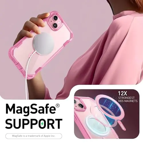 i-Blason Ares Mag для iPhone 15 Plus с встроенной защитной пленкой для экрана [совместим с MagSafe] Прочный противоскользящий прозрачный защитный милый магнитный чехол для iPhone 15 Plus 6.7'', розовый - 3