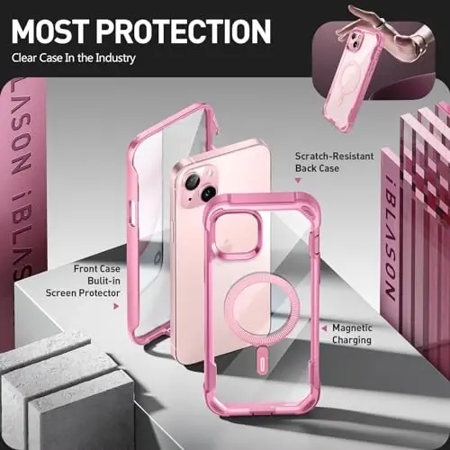 i-Blason Ares Mag для iPhone 15 Plus с встроенной защитной пленкой для экрана [совместим с MagSafe] Прочный противоскользящий прозрачный защитный милый магнитный чехол для iPhone 15 Plus 6.7'', розовый - 5