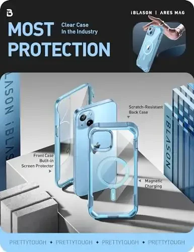 i-Blason Ares Mag for iPhone 15 Case/iPhone 14 13 Case [6.1 inch], [MagSafe Compatible] Full-Body Shockproof Rugged Clear Bumper with Built-in Screen Protector (Blue), iPhone2023-6.1-AreMag-SP - 5