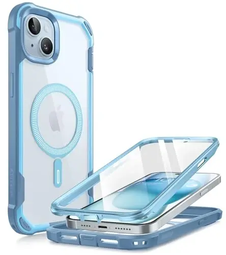 i-Blason Ares Mag for iPhone 15 Plus Case with Built-in Screen Protector [MagSafe Compatible] Full-Body Rugged Anti-Slip Clear Protective Cute Magnetic Phone Case for iPhone 15 Plus 6.7'', Blue 