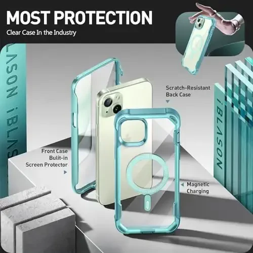i-Blason Ares Mag for iPhone 15 Plus Case with Built-in Screen Protector [MagSafe Compatible] Full-Body Rugged Anti-Slip Clear Protective Cute Magnetic Phone Case for iPhone 15 Plus 6.7'', Seafoam - 9