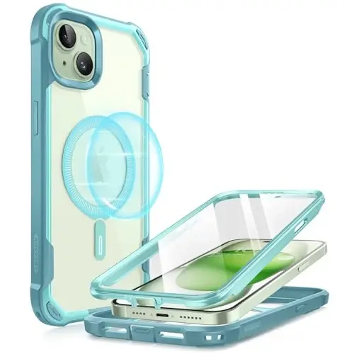 i-Blason Ares Mag for iPhone 15 Plus Case with Built-in Screen Protector [MagSafe Compatible] Full-Body Rugged Anti-Slip Clear Protective Cute Magnetic Phone Case for iPhone 15 Plus 6.7'', Seafoam - 1