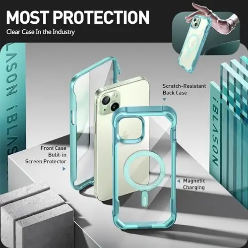 i-Blason Ares Mag for iPhone 15 Plus Case with Built-in Screen Protector [MagSafe Compatible] Full-Body Rugged Anti-Slip Clear Protective Cute Magnetic Phone Case for iPhone 15 Plus 6.7'', Seafoam - 4