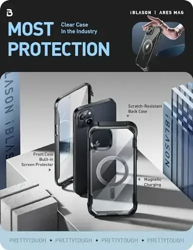 i-Blason Ares Mag iPhone 15 Plus учун Корпус, Курилган Экрани Муҳофазаловчи билан [MagSafeга Мос] То'лиқ Танли Сахт Қарши Силиқиш Ударга Чексиз Шаффоф Муҳофазаловчи Магнит Телефон Корпуси iPhone 15 Plus 6,7'', Қо'ра - 5