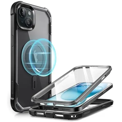 i-Blason AresMag for iPhone 15 Case/iPhone 14 Case/iPhone 13 Case [6.1 inch], [MagSafe Compatible] Full-Body Shockproof Rugged Clear Bumper Case with Built-in Screen Protector (Black) - 1