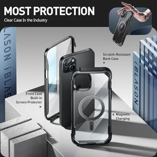 i-Blason AresMag for iPhone 15 Case/iPhone 14 Case/iPhone 13 Case [6.1 inch], [MagSafe Compatible] Full-Body Shockproof Rugged Clear Bumper Case with Built-in Screen Protector (Black) - 5