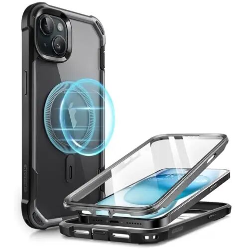 i-Blason AresMag iPhone 15 Kılıfı / iPhone 14 Kılıfı / iPhone 13 Kılıfı [6,1 inç], [MagSafe Uyumlu] Dahili Ekran Koruyucuyla Tam Gövde Darbeye Dayanıklı Sağlam Şeffaf Tampon Kılıfı (Siyah) - 1