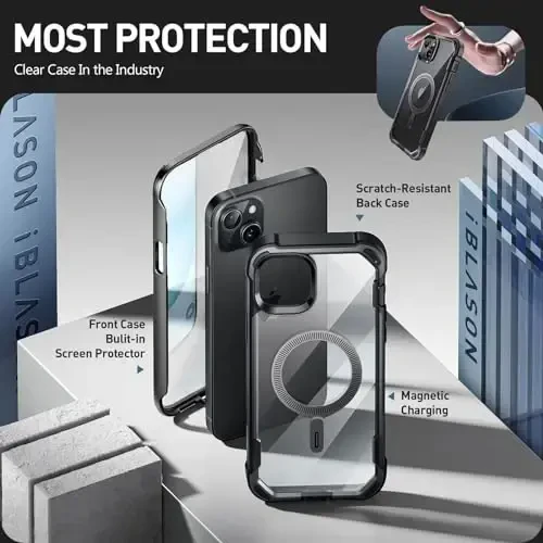 i-Blason AresMag for iPhone 15/14/13 [6.1 inch], [MagSafe Compatible] Full-Body Shockproof Rugged Clear Bumper Case with Built-in Screen Protector (Black) - 5