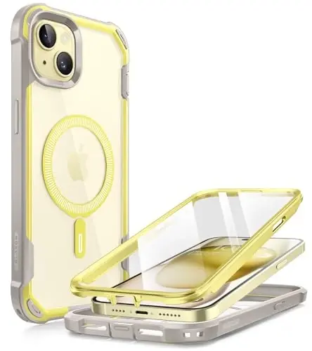 I-Blason AresMag iPhone 15/14/13 Case [6.1 inch], MagSafe Compatible Full-Body Shockproof Rugged Clear Bumper Case with Built-in Screen Protector (Yellow) - 1