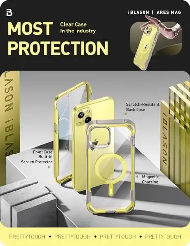 I-Blason AresMag iPhone 15/14/13 Case [6.1 inch], MagSafe Compatible Full-Body Shockproof Rugged Clear Bumper Case with Built-in Screen Protector (Yellow) - 5