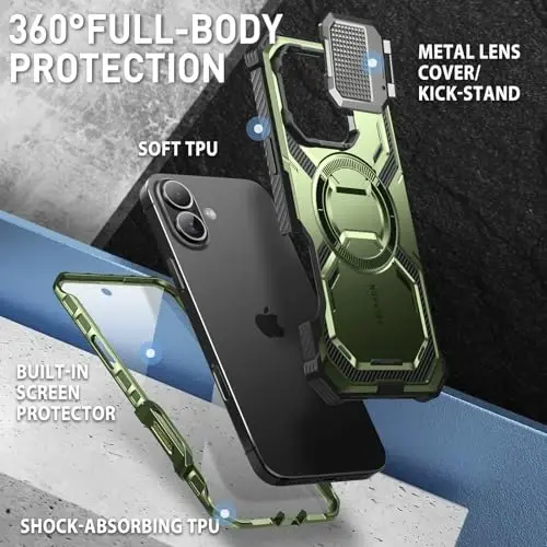 i-Blason Armorbox for iPhone 16 Case MagSafe with Stand, 360° Full-Body with Built-in Screen Protector, Camera Control, Camera Cover Kickstand, Heavy Duty Protection for iPhone 16, Green - 5
