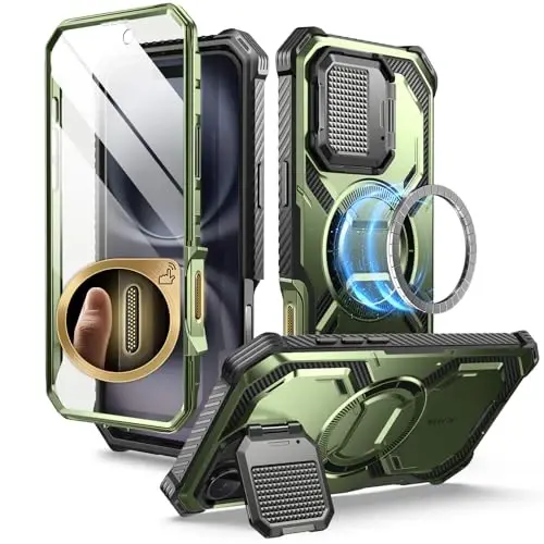 i-Blason Armorbox for iPhone 16 Case MagSafe [Camera Control Capture Button] [Built-in Screen Protector] [Camera Cover Stand] Full-Body Military Protection Magnetic Phone Case for iPhone 16, Green 